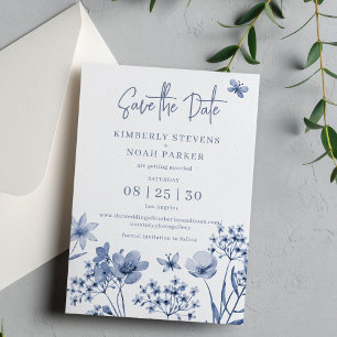 Save The Date Mariage floral moderne bleu poussiéreux simple