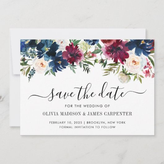 Save The Date Mariage Floral Moderne de Pivoine Rouge Bourgogne (Devant)