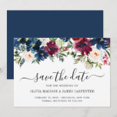 Save The Date Mariage Floral Moderne de Pivoine Rouge Bourgogne (Devant / Derrière)