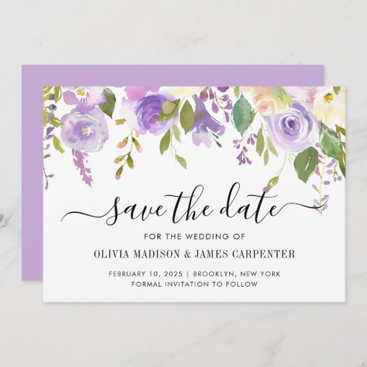 Save The Date Mariage floral moderne Dusty violet violet Peony (Devant / Derrière)