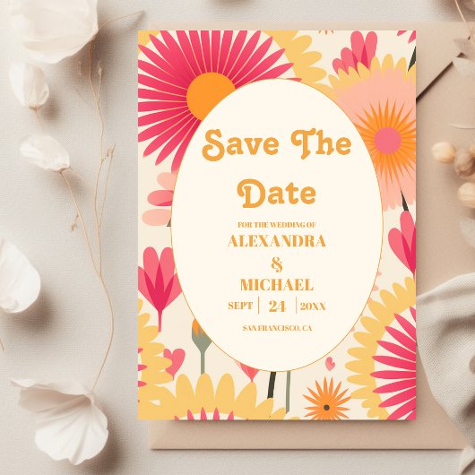 Save The Date Mariage floral moderne rose et jaune rétro