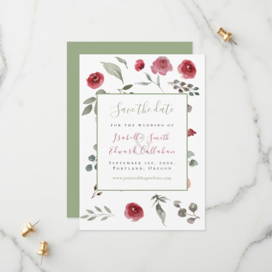 Save The Date Mariage floral moderne Sage vert Bourgogne (Devant/Arrière en situation)