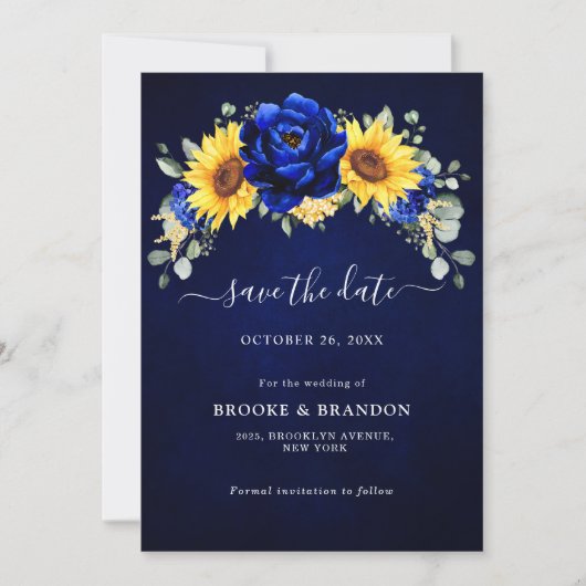 Save The Date Mariage Floral Moderne Tournesol Rustique Bleu Roy (Devant)