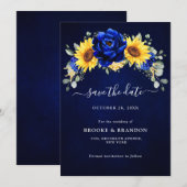Save The Date Mariage Floral Moderne Tournesol Rustique Bleu Roy (Devant / Derrière)