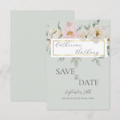Save The Date Mariage Floral Moderne Vert Or  (Devant / Derrière)