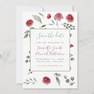 Save The Date Mariage Floral Moderne Vert Sauge Bourgogne