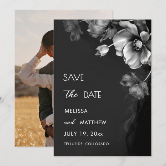 Save The Date Mariage Floral Noir Argent (Devant / Derrière)