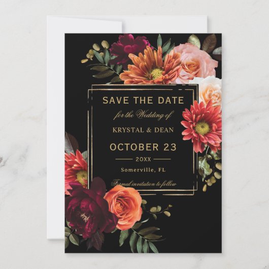 Save The Date Mariage Floral Noir Bourguignon Orange Sombre (Devant)