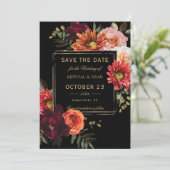 Save The Date Mariage Floral Noir Bourguignon Orange Sombre (Debout devant)