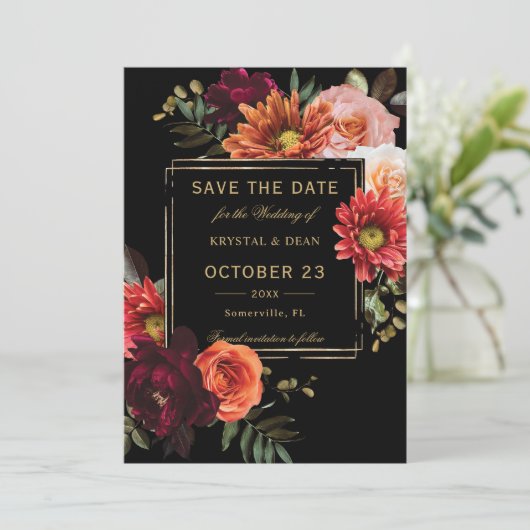 Save The Date Mariage Floral Noir Bourguignon Orange Sombre (Debout devant)