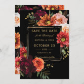 Save The Date Mariage Floral Noir Bourguignon Orange Sombre (Devant / Derrière)