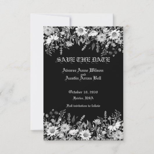 Save The Date Mariage floral noir et blanc (Devant)