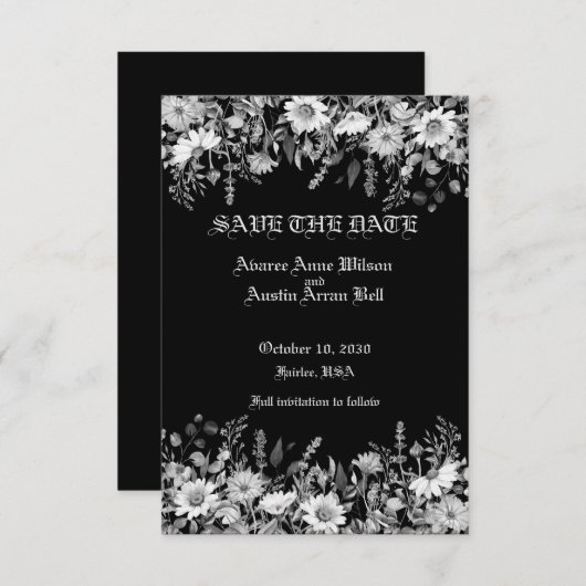 Save The Date Mariage floral noir et blanc (Devant / Derrière)