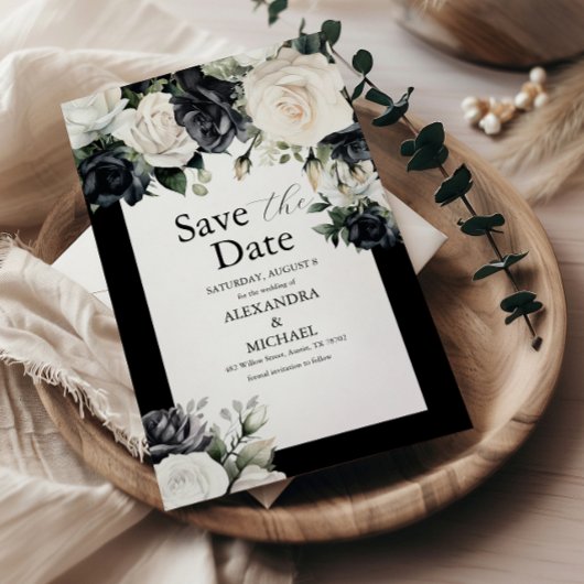 Save The Date Mariage floral noir et blanc moderne Sauvez la dat