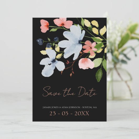 Save The Date Mariage floral noir et rose simple Boho (Debout devant)