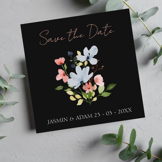 Save The Date Mariage floral noir et rose simple Boho