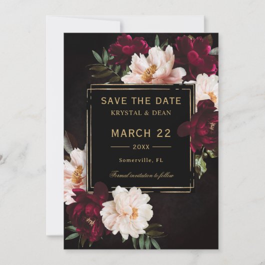 Save The Date Mariage floral noir noir foncé Moody Bourgogne (Devant)