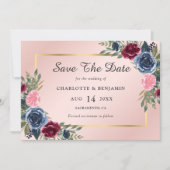Save The Date Mariage floral or bleu bleu Bourgogne bleu marine (Devant)