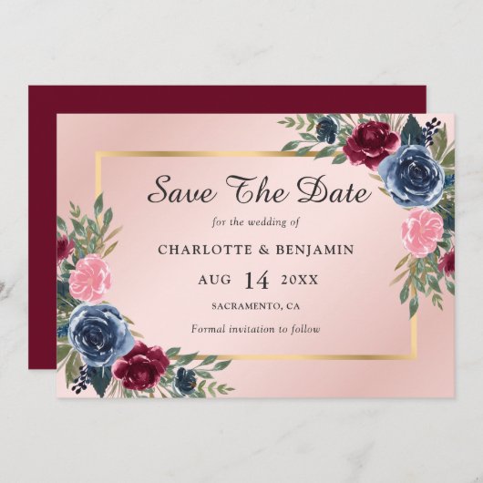 Save The Date Mariage floral or bleu bleu Bourgogne bleu marine (Devant / Derrière)