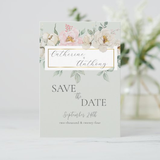 Save The Date Mariage Floral Or Moderne Vert (Debout devant)