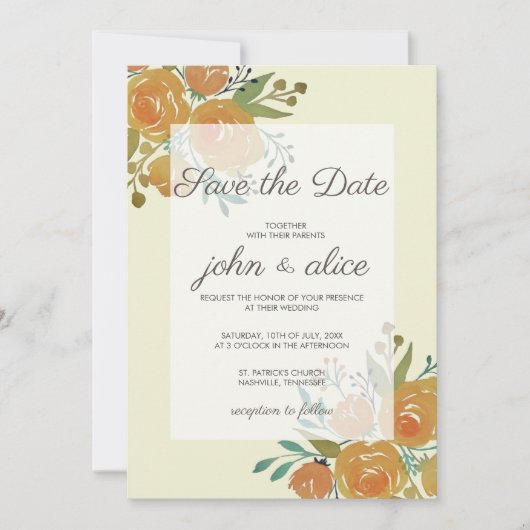 Save The Date Mariage floral orange jaune et crème (Devant)