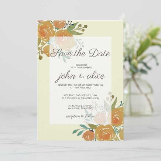 Save The Date Mariage floral orange jaune et crème (Debout devant)