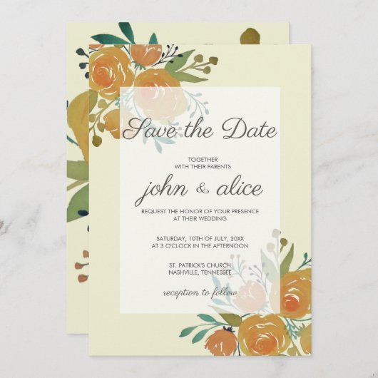 Save The Date Mariage floral orange jaune et crème (Devant / Derrière)