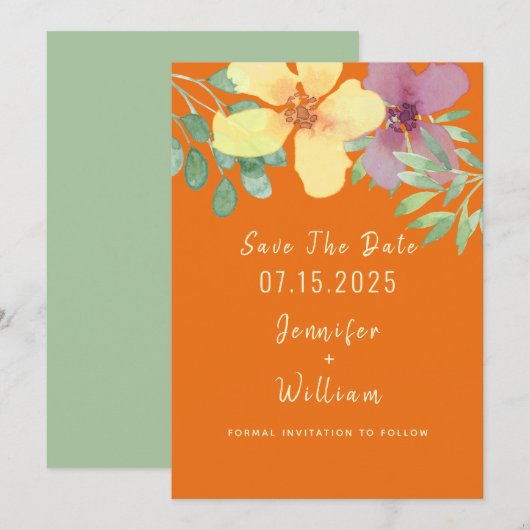 Save The Date Mariage Floral Orange moderne (Devant / Derrière)
