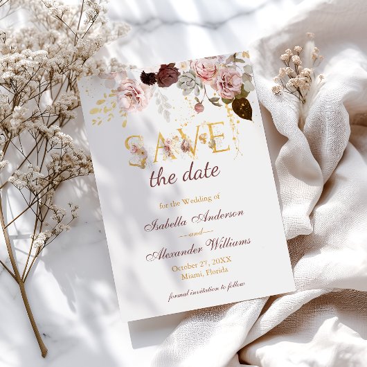 Save The Date Mariage floral paon et bordeaux doré