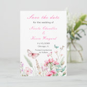 Save The Date Mariage floral papillon rose de printemps (Debout devant)