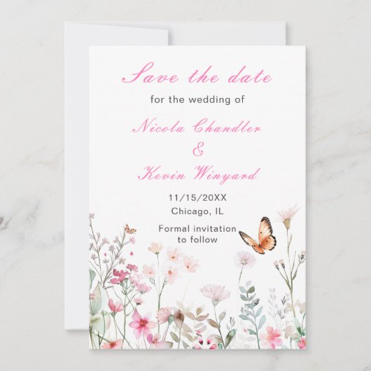 Save The Date Mariage Floral Papillon Rose Foncé de Printemps (Devant)