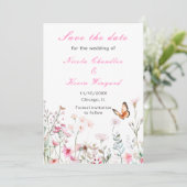 Save The Date Mariage Floral Papillon Rose Foncé de Printemps (Debout devant)