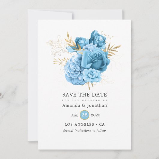 Save The Date Mariage floral Pastel Bleu et Or (Devant)