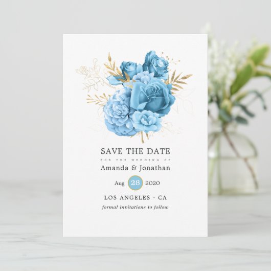 Save The Date Mariage floral Pastel Bleu et Or (Debout devant)