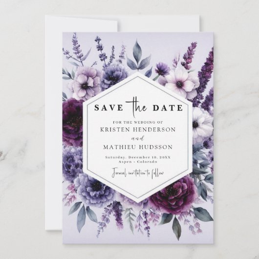 Save The Date Mariage floral pourpre à fleurs modernes (Devant)