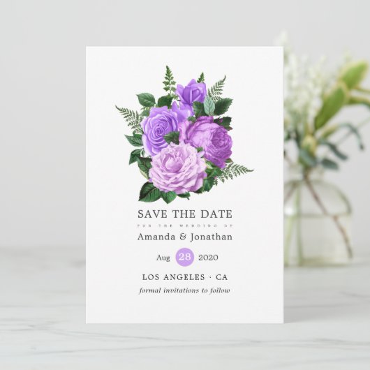 Save The Date Mariage floral pourpre et vert (Debout devant)