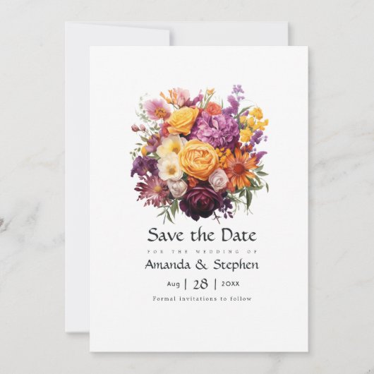 Save The Date Mariage floral pourpre, orange et jaune (Devant)