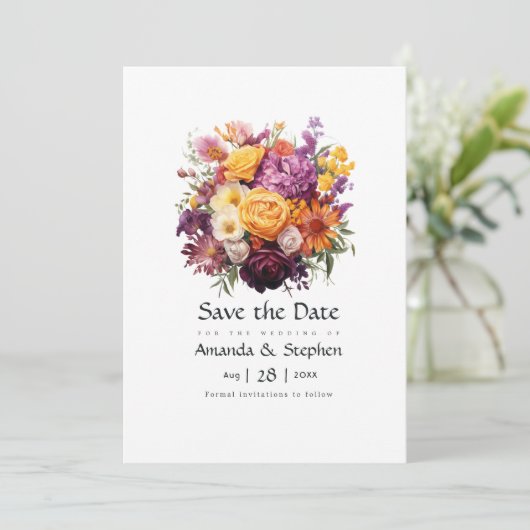 Save The Date Mariage floral pourpre, orange et jaune (Debout devant)