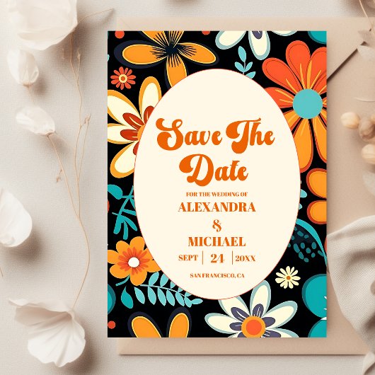 Save The Date Mariage Floral Rétro Bohème des Années Soixante-Di