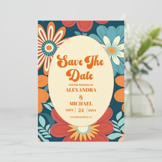 Save The Date Mariage floral rétro des années 70 (Debout devant)