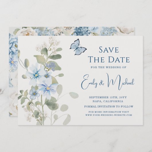 Save The Date Mariage floral romantique bleu Dusty (Devant / Derrière)