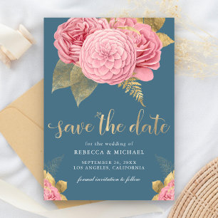 Save The Date Mariage floral rose bleu foncé