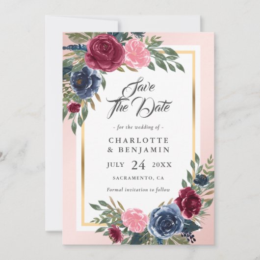 Save The Date Mariage floral rose bleu marine Bourgogne (Devant)