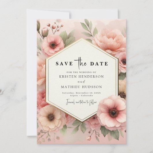 Save The Date Mariage floral rose d'aquarelle simple (Devant)