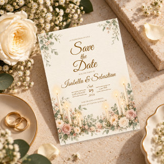 Save The Date Mariage Floral Rose Élégant aux Chandelles