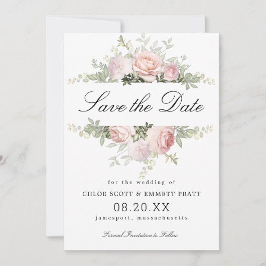 Save The Date Mariage floral rose et blanc (Devant)