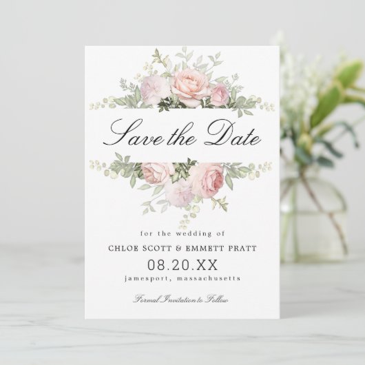 Save The Date Mariage floral rose et blanc (Debout devant)