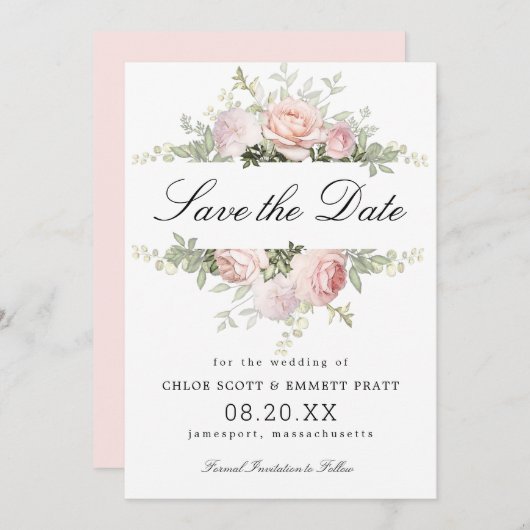 Save The Date Mariage floral rose et blanc (Devant / Derrière)