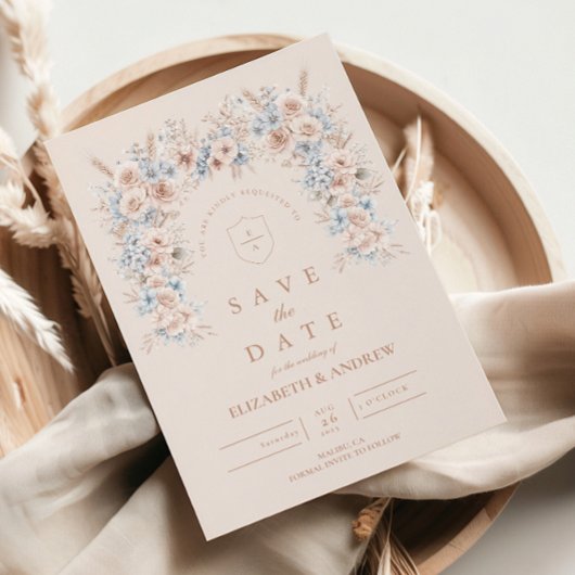 Save The Date Mariage floral rose et bleu