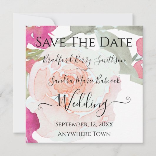 Save The Date Mariage floral rose et vert Sage (Devant)